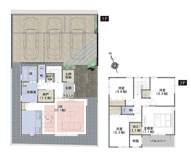 【４LDK+WIC+納戸＋土間収納】■吹抜がリビングをより明るく、開放的な空間に
■全居室収納付きで家族全員の持ち物がすっきり片付く