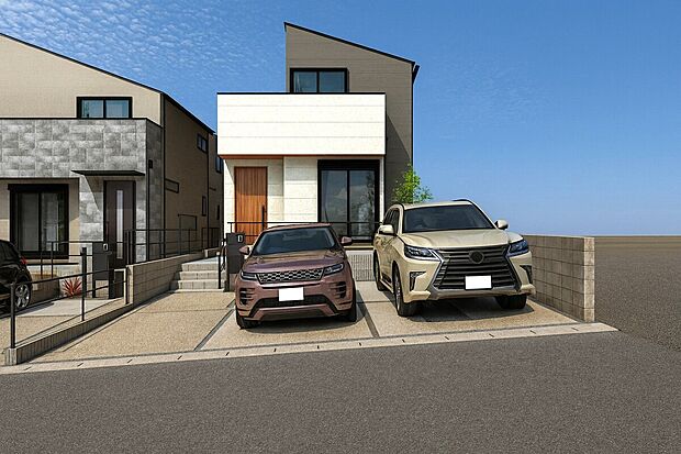 【B号棟　】現地外観パース　並列駐車3台可！