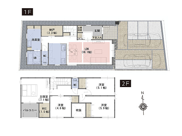 【４LDK+WIC+納戸＋土間収納】■リビングをより明るく、開放的な空間に
■ご要望の多い土間収納や、WIC、納戸といった収納スペースを各所に配置