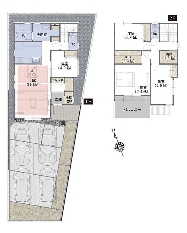 【4LDK+WIC+納戸+土間収納】■木肌の美しいあらわし梁がワンランク上の生活を演出
■家事導線を考えた間取
