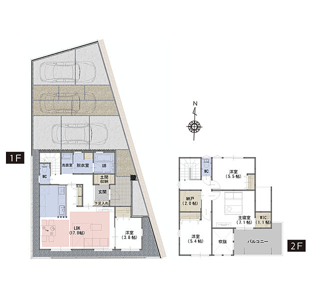 【４LDK+WIC+納戸＋土間収納】■吹抜がリビングをより明るく、開放的な空間に
■WIC・納戸・土間収納がある豊富な収納スペース