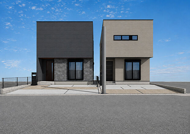 【外観パース全体　左：A号棟、右：B号棟】■未完成物件の為、モデルハウスへのご案内も致します。お気軽にお問合せ下さいませ。