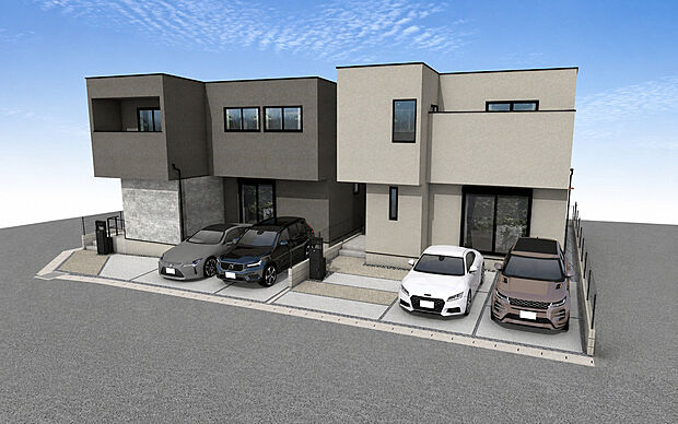 【外観パース全体　左：A号棟、右：B号棟】■未完成物件の為、モデルハウスへのご案内も致します。お気軽にお問合せ下さいませ。