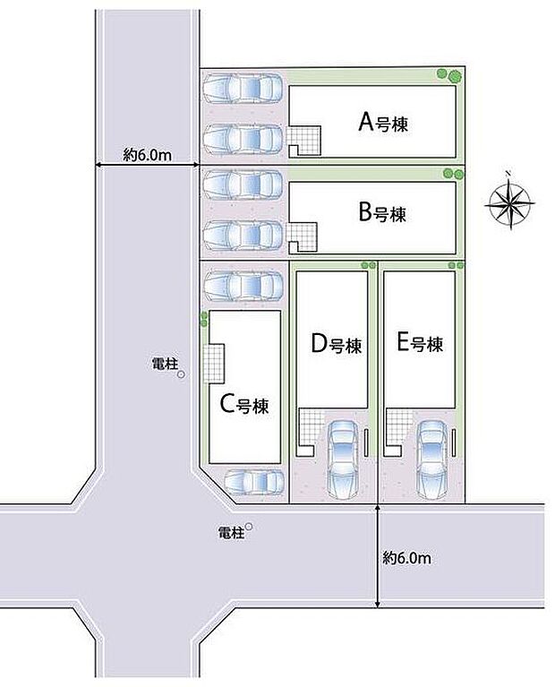 ≪全体区画図≫
南、西側道路に面した、全5棟の分譲地♪きっとお好みの住まいが見つかります！スーパーや学校も近く、子育て家族にもおすすめ♪