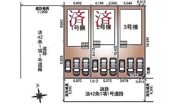 ≪全体区画図≫
カースペース3台(車種によります)♪
南側道路なので陽当たり・風通し共に良好です!道幅も6mありますので、お車に駐車も安心です♪