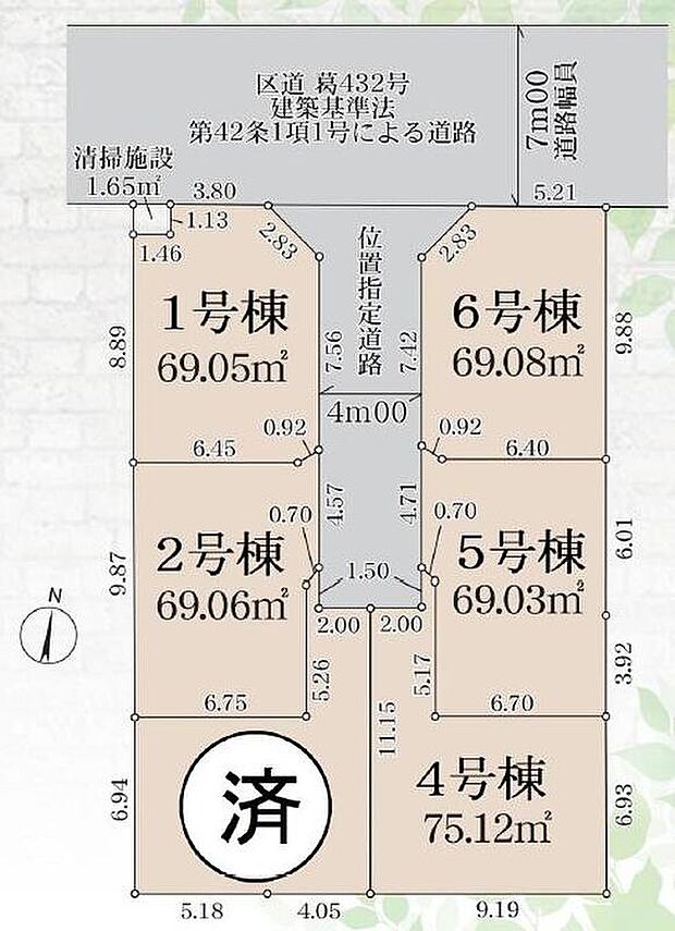 ≪全体区画図≫
1・6号棟:陽当たり良好な角地♪
分譲地内に道路を通しており、ここで分譲地のコミュニティーができますね☆