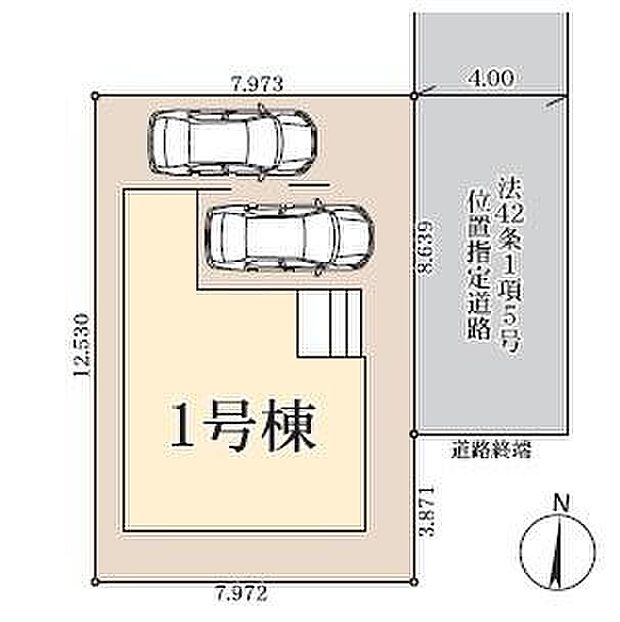 ≪全体区画図≫
カースペース2台！並列駐車可能♪
1台は雨風から大切なお車を守るビルトインガレージ♪
前面道路は住人以外の車の進入も少なく、小さなお子様を持つご家庭にも安心。