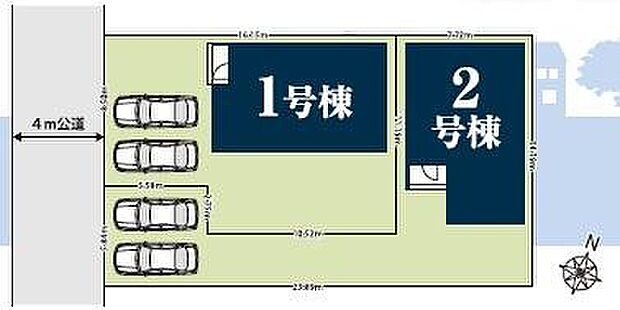 ≪全体区画図≫
カースペース並列駐車2台♪
前面道路は交通量少なめの道路。お車の駐車も楽々です♪