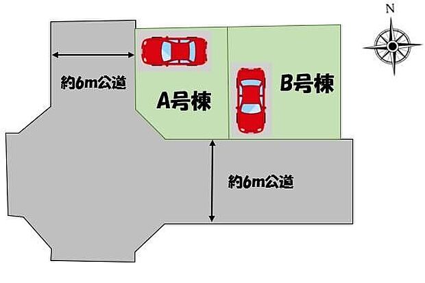 ≪全体区画図≫カースペース1台♪A号棟は嬉しい角地!陽当たり・風通し共に良好です♪前面道路が6mあるので、お車の出し入れも安心ですね♪