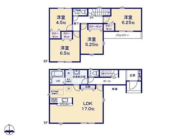 【4LDK】1階にワンフロアタイプのLDK、2階に4部屋をまとめた2階建の4LDK。ご家族それぞれのプライベート空間が確保しやすい間取り♪洗面スペースは廊下からもリビングからも出入りできる2WAY動線が使いやすい！