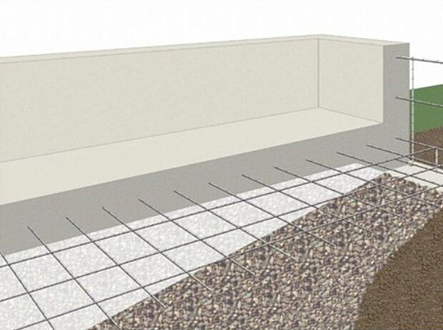 【安心を支える「鉄筋入りコンクリートベタ基礎」】ベタ基礎は地面全体を基礎で覆うため、建物の加重を分散して地面に伝えることができ、不同沈下に対する耐久性や耐震性を向上することができます。
