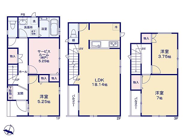 【3LDK+S】【3階建てプラン】家族と一声交わせるリビングイン階段、陽当りとプライバシー性に恵まれた２階リビングプラン☆