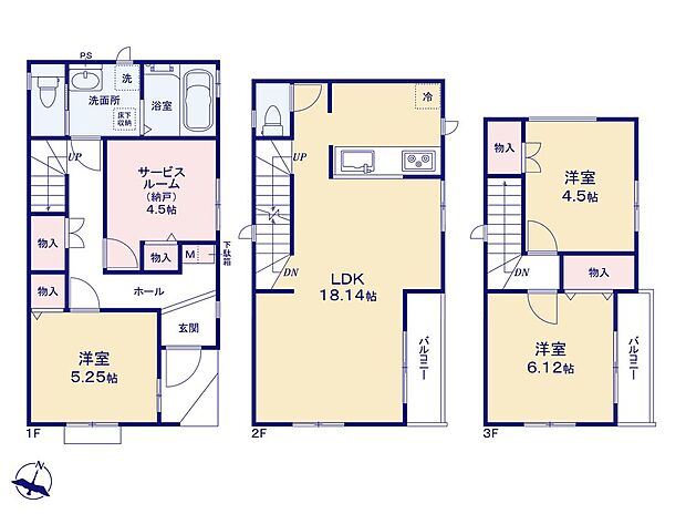 【3LDK+S】【3階建てプラン】陽当りとプライバシー性に恵まれた2階リビングプランを採用！道路からの人目を気にすることなく寛げます。