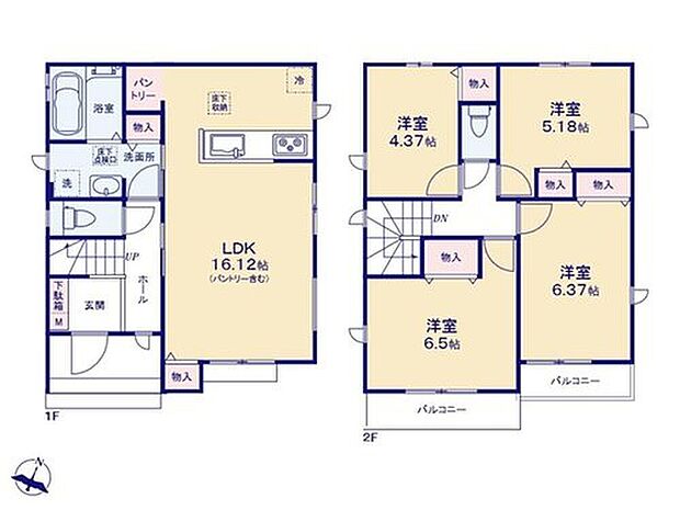 【4LDK】水まわりが集中しており、忙しい朝も家事が捗ります♪キッチン横にはパントリー付き。ストック品まとめて収納できて便利！