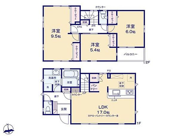 【3LDK】LDKは3面採光、17畳の広々設計☆
家族と一声交わせるリビングイン階段を採用♪
キッチンがすっきり片付く、うれしいパントリーつき！
