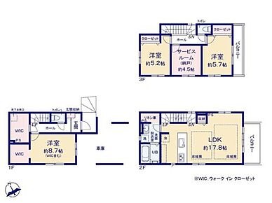 ☆道路からの視線を守る2階LDKの3階建て☆
1階にはWICを備え、お出かけに必要な物を
収納すれば準備もスムーズに◎リビングの散らかりを
防ぎます♪ 