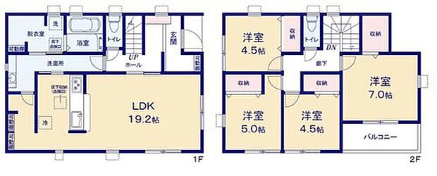 【4LDK】広々19.2帖のLDK!対面キッチンからはLDK全体を見渡せます♪キッチン側からも廊下からも行き来ができる洗面所!忙しい朝もみんながスムーズ!全居室に収納を完備しておりますので、居室の全空間を有効活用出来ます。