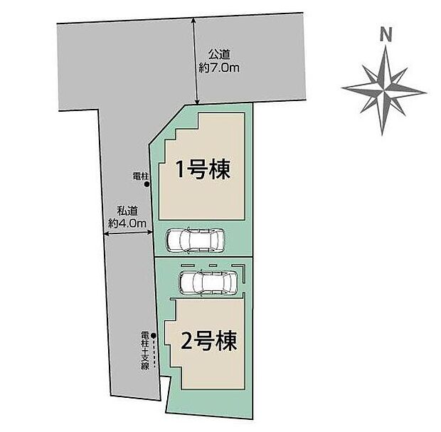 【全体区画図】角地に面しているので陽当たり良好です！お車の駐車も安心ですね♪