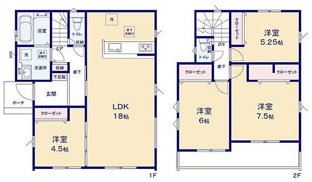 【4LDK】広々18帖のLDK！対面キッチンからはLDK全体を見渡せます♪隣の洋室の引き戸を開ければ22.5帖の広々空間になります♪各居室に収納を完備しているのでお部屋もスッキリ♪広々バルコニーなので大量のお洗濯ものも安心♪
