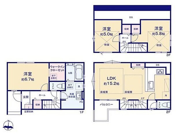 【3LDK】LDKには冬に嬉しい床暖房完備♪小回りの利くL字キッチンで調理の効率UP☆３階居室には解放感のある吹き抜けを採用！通勤・通学時に一声交わせるリビングイン階段を採用◎