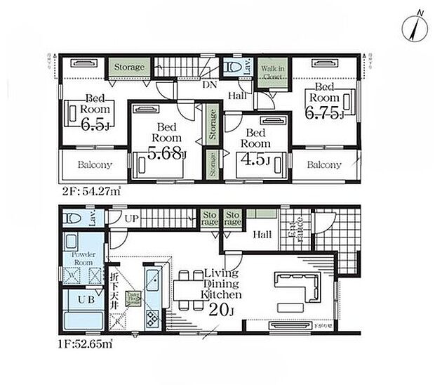 【4LDK】LDKは縦長で開放感のある広々20帖！キッチンは折下天井でおしゃれな空間を演出♪水回りのまとまった家事導線スムーズな間取り◎