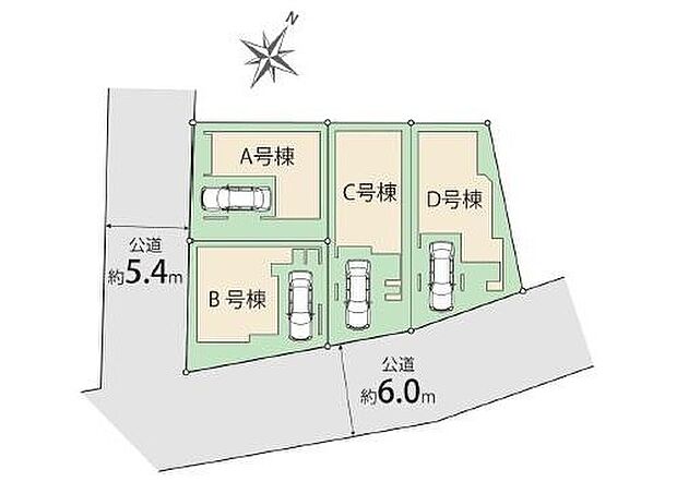 【全体区画図】南東角地の全4棟！前面道路も広く陽当たり良好！お車の駐車も安心です♪