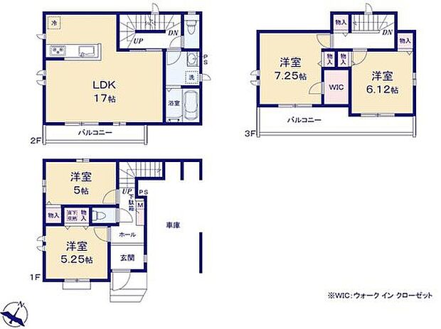 【4LDK】道路からのプライバシーを確保しやすい「2階リビング」を採用♪広々17帖のLDK！対面キッチンからはLDK全体を見渡せます♪WICなど充実の収納でお部屋もスッキリ♪広々としたバルコニー2面設置♪