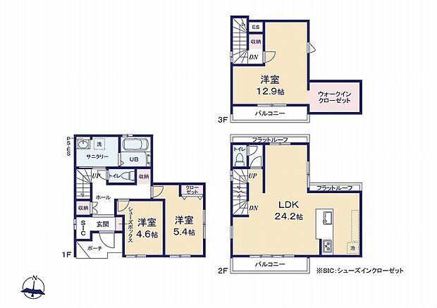 【4LDK】◇道路からのプライバシーを確保しやすい「2階リビング」を採用。
◇広々20帖超えのリビングダイニングが見渡せるペニンシュラキッチン。
◇WICやSICなど大型収納でお部屋スッキリ！