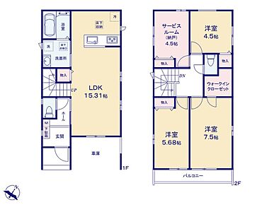 LDKは広々15.3帖！対面キッチンからはLDK全体を見渡せます♪WICなど充実の収納でお部屋もスッキリ♪2階に4部屋をまとめることで、ご家族それぞれのプライベート空間も保てます♪ 