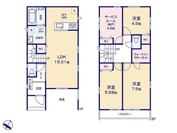 【3LDK+S】LDKは広々15.3帖!対面キッチンからはLDK全体を見渡せます♪WICなど充実の収納でお部屋もスッキリ♪2階に4部屋をまとめることで、ご家族それぞれのプライベート空間も保てます♪