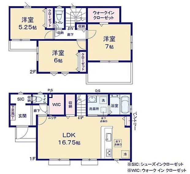 【3LDK】広々16.75帖のLDK！対面キッチンからはLDK全体を見渡せます♪パントリー、SIC、WICなど充実の収納！お部屋をスッキリとご使用頂けます♪ワイドバルコニーなので大量のお洗濯物も安心です♪