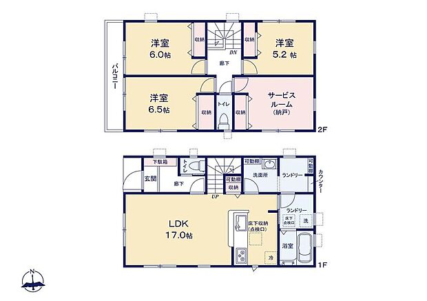 【3LDK+S】ゆったり17帖のLDK♪お風呂回りは脱衣所と洗面所が分けられる仕様◎可動棚つきランドリールーム採用で家事ラクが叶います☆