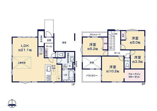 【4LDK】LDKは広々21.1帖！ご家族でゆっくりくつろぎたい方に♪主寝室にお勧めの10.2帖の洋室には広々としたWIC付き♪南側に面した奥行きのあるバルコニーは陽当たりも良く、お洗濯物も楽々です♪