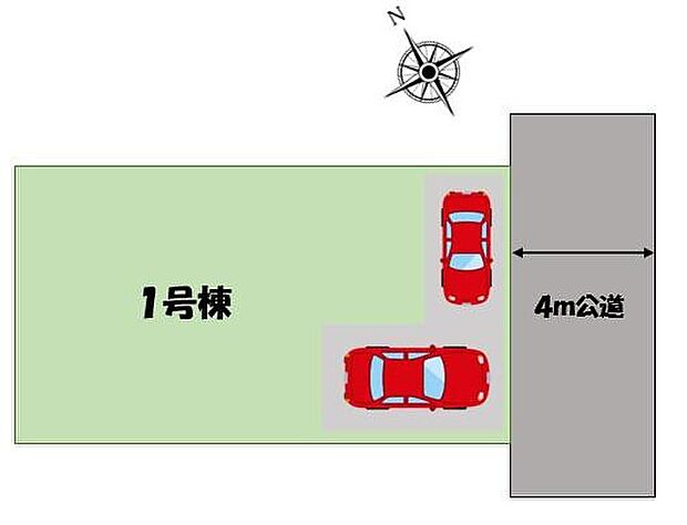 【全体区画図】カースペース2台(普通車1台+軽自動車1台、車種による)♪南東側道路に面しているので、陽当たり良好です♪