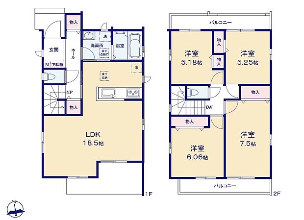 【4LDK】広々18.5帖のLDK！対面キッチンからはLDK全体を見渡せます♪家事を手助けする「食洗機」付き♪ホール収納や2階全洋室に収納を備えているのでお部屋もスッキリ♪2面バルコニーがあるので、大量のお洗濯物も楽々♪
