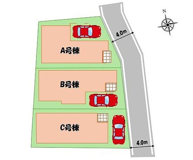 【全体区画図】採光、生活動線、収納力を考慮した個性豊かな魅力溢れるプランの全3棟！
前面道路は住人以外の車の進入も少なく、小さなお子様を持つご家庭にも安心です♪