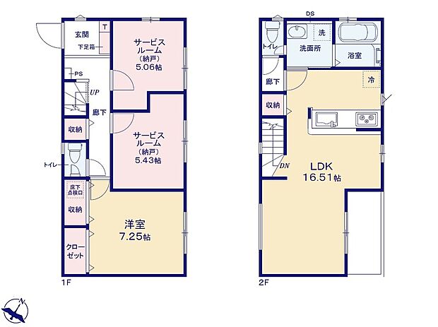 【1LDK+2S】陽当たりが良く、道路からのプライバシーを確保しやすい「2階リビング」を採用♪広々16.51帖のLDK！対面キッチンからはLDK全体を見渡せます♪ホール収納やリビング収納など充実の収納設計♪