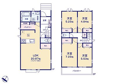 広々20.87帖のLDK！対面キッチンからはLDK全体を見渡せます♪買いだめ可能なパントリー付き♪2階に4部屋をまとめることで、ご家族それぞれのプライベート空間も保てます♪ 