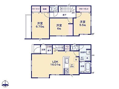 ゆったり16.01帖のLDKには、家族の自然なコミュニケーションが生まれるリビングイン階段を採用♪全居室南向きで採光も抜群◎水回りのまとまった家事導線スムーズな間取りです☆ 