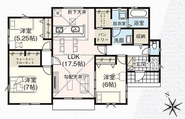 【3LDK】家事効率も良く、ライフステージの変化にも安心の平屋建て◎キッチン横にはパントリー、玄関にはシューズインクロークなど、トレンドの収納満載♪洗面・脱衣室が分かれたプライバシー設計☆