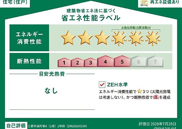 【省エネ性能ラベル】こちらの物件はZEH水準を満たした、省エネ性能に優れた物件です。 光熱費を抑えて暮らすことができるだけでなく、「熱の入りにくさ・逃げにくさ」という観点でも影響を受けにくい建物のため、長く快適にお過ごしいただけます♪