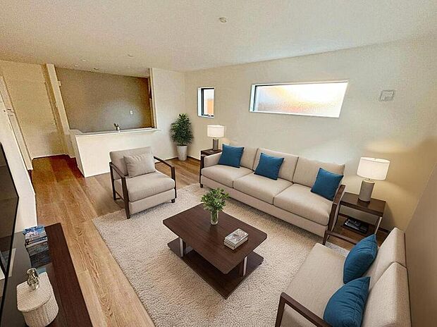 ３号棟
明るい雰囲気が心地いい１６帖のリビング♪　
採光良好です！　
家族団らんの時間も増えそうなくつろぎの場所になりそう♪
※家具をCGで加工しています。家具付き販売ではございません。