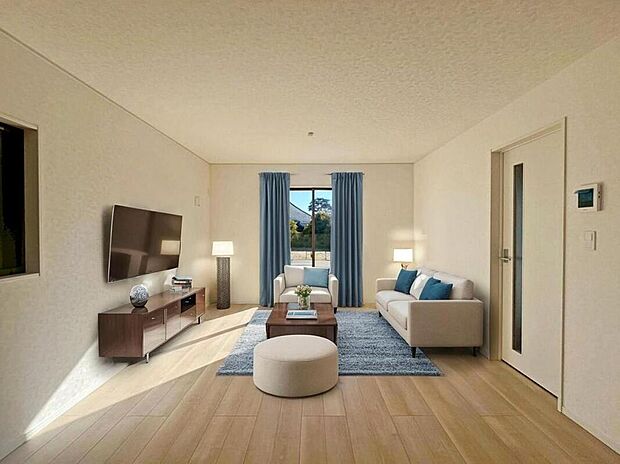 ２号棟
明るい雰囲気が心地いい１５帖の広々リビング♪
採光良好です！　　
家族団らんの時間も増えそうなくつろぎの場所になりそう♪
※家具をCGで加工しています。家具付き販売ではございません。