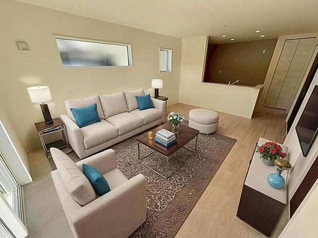 ２号棟
陽光ふりそそぐ１５．７５帖の明るいリビング♪
対面式キッチンは、家事をしながら家族の様子が一目でわかる安心＆便利設備♪
※家具をCGで加工しています。家具付き販売ではございません。