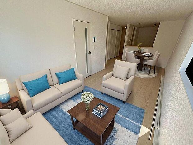 ２号棟
陽光ふりそそぐ明るい１８．７５帖のリビング。
対面式キッチンは、家事をしながら家族の様子が一目でわかる安心＆便利設備♪
※家具をCGで加工しています。家具付き販売ではございません。