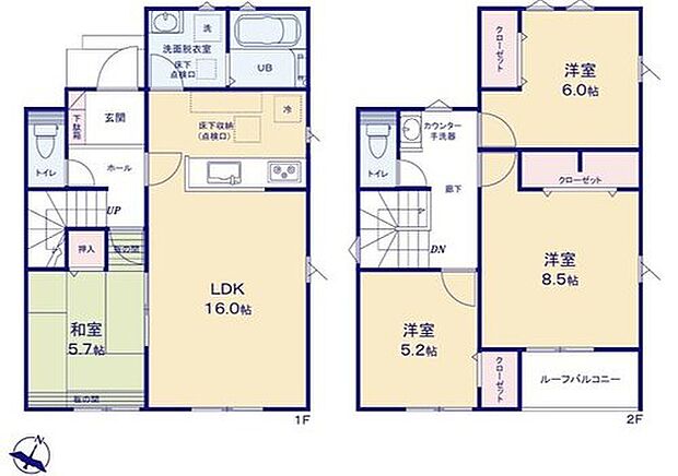 【4LDK】対面式キッチン仕様の約１６帖リビング♪
リビングに隣接した５．７帖の和室♪
各居室に収納スペースが充実♪
東南向きで日当たり良好なルーフバルコニー♪