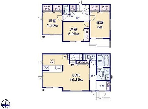 【３LDK】南向きの開放的な約１６．２５帖リビング♪
キッチンがスッキリ片付くパントリー付き♪
全居室に収納スペース充実♪
日当たり良好な南向きのバルコニー♪