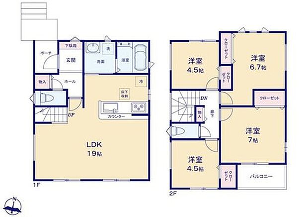 【4LDK】対面式キッチン仕様の広々とした１９帖のリビング♪
１階２階廊下に収納スペースが充実♪
２階４部屋あり、お子様一人一人にお部屋を与えられます♪
日当たり良好な南向きのバルコニー♪