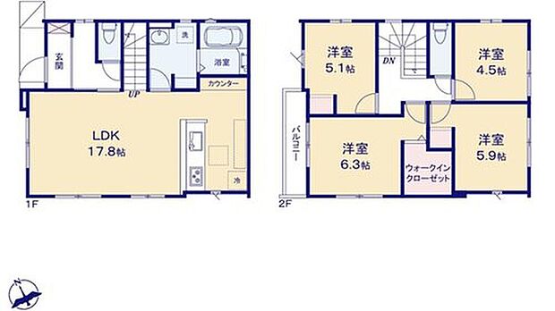 【4LDK】折上天井仕様の広々とした17.8帖のリビング♪
大きな荷物も収納可能なウォークインクローゼット付き♪
2階4部屋あり、お子様一人一人にお部屋を与えられます☆
日当たり良好な南西向きのバルコニー♪