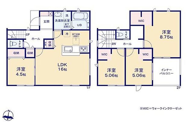 【4LDK】対面式キッチン仕様の１６帖のリビング♪
キッチンや廊下に収納スペースが充実♪
２階全居室に収納豊富なウォークインクローゼット付き♪
２部屋から出入りできて便利なインナーバルコニー♪